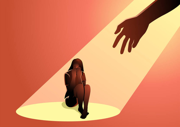 Mano humana ayuda a una mujer triste sentada en el suelo, ilustración vectorial - Vector, imagen