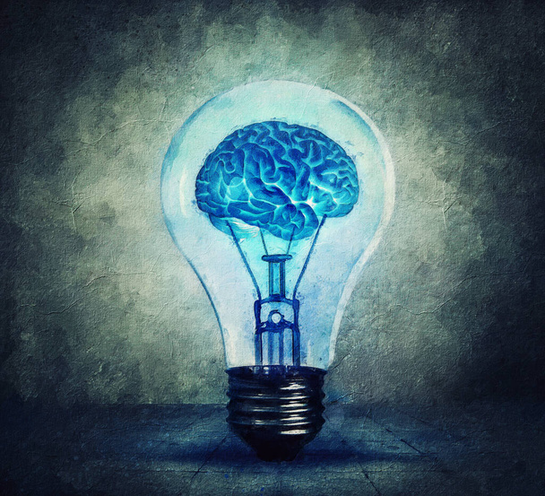Surreal lightbulb painting with a glowing brain inside. Blue shining bulb, human creativity and idea concept. Mental development, the energy of mind - 写真・画像