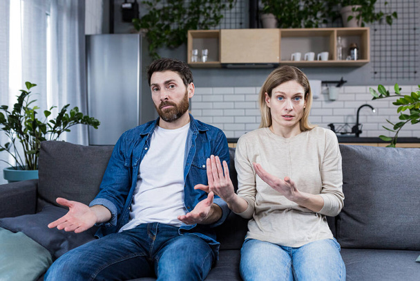online consultation with a family psychologist, seeds couple man and woman sitting on the couch, consult a psychotherapist, solve family problems - 写真・画像