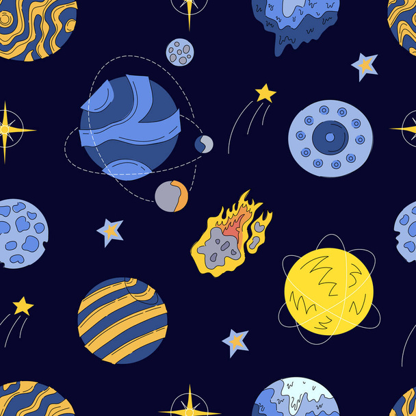 Vector abstract seamless pattern of an planets, galaxy, asteroids, stars, moon. Science fiction drawing for poster, cover or background. - Vector, imagen