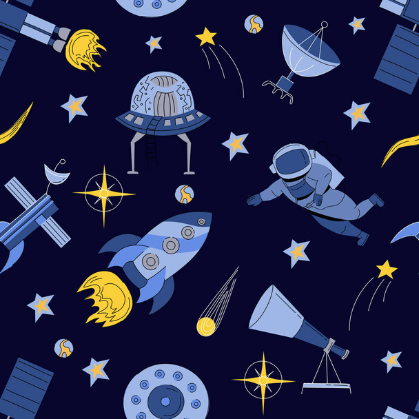 Vector abstract seamless pattern of an astronaut, planets, galaxy, asteroids, stars, telescope, shuttle, space station, UFO. Science fiction drawing for poster, cover or background. - Vector, Image