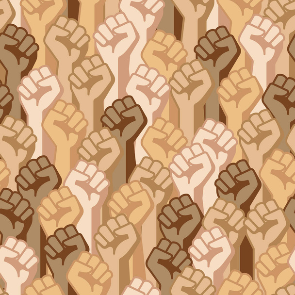 Seamless pattern of raised fists with different races in crowd - Вектор,изображение