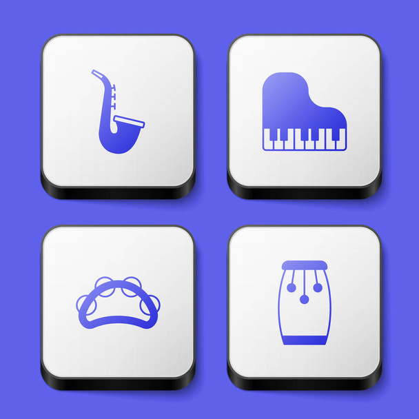 Set Saxophone, pianoforte a coda, tamburello e icona della batteria Conga. Pulsante quadrato bianco. Vettore - Vettoriali, immagini