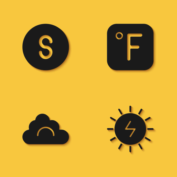 Set Kompas zuid, zonnepaneel, wolk en Fahrenheit icoon met lange schaduw. Vector - Vector, afbeelding