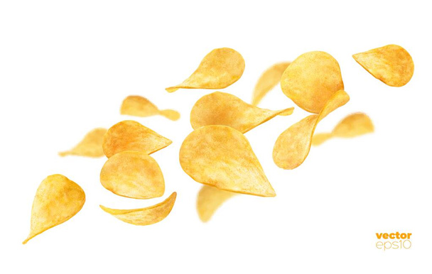 Летающие хрустящие волнистые картофельные чипсы, реалистичный трехмерный вектор, падающий хрустящая закуска в движении. Вкусная реклама еды, реклама хрустящей еды с чипсами - Вектор,изображение