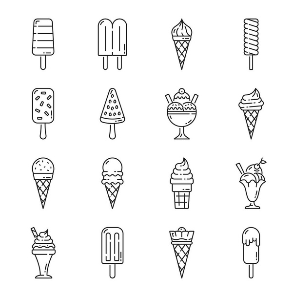 Jégkrém vázlat ikonok. Fagyasztott édességfagylalt, gombóc és kúp desszert. Vektor gofri csésze, szemüveg és pálcika csokoládéból és vaníliafagylaltból, gyümölcsszorbet, fagyasztott joghurt és tejzselé - Vektor, kép