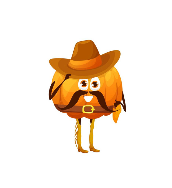 Cartoon pumpkin cowboy ranger character, vector kids vegetable personage. Funny pumpkin with mustaches in cowboy hat and cowboy pants jeans in Western Texas design - Вектор,изображение