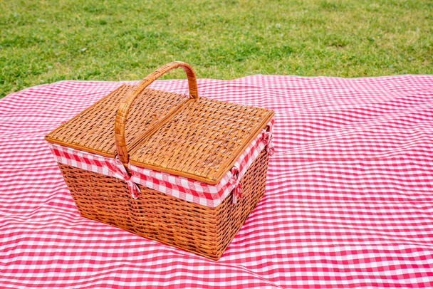 Picnic basket on a red chequered tablecloth on a grassy field  - 写真・画像