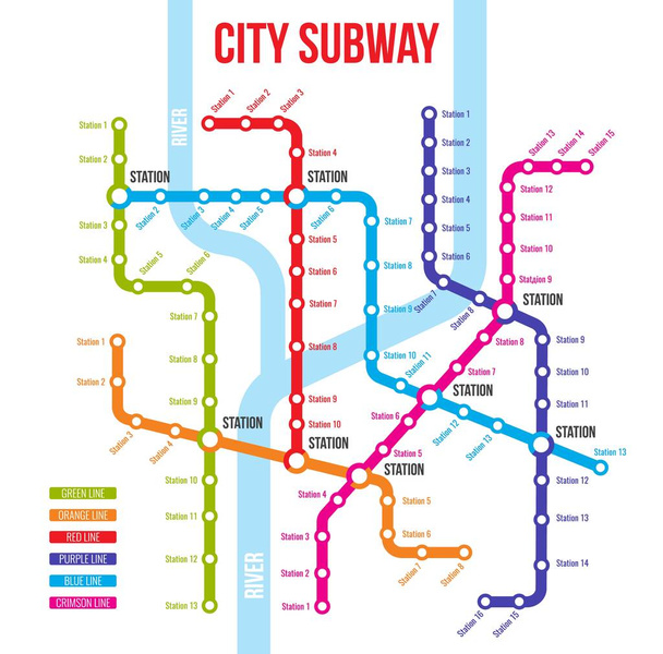 Kaupungin metro, metro maanalainen liikennejärjestelmä kartta. Kaupunkien rautatieasemien linjajärjestelmä tai vektorisuunnitelma. Metropolis kaupungin henkilöliikenteen reitit suunnitelma tai kartta, metroverkon infografiikka - Vektori, kuva