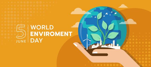 Всесвітній день навколишнього середовища - руки тримають саджанці дерев і кругову глобус на землі з міською будівлею на жовтому помаранчевому фоні Векторний дизайн
 - Вектор, зображення