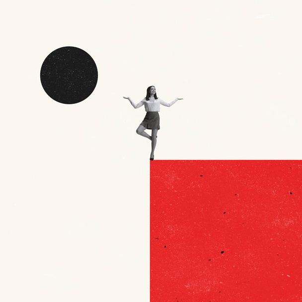 Contemporary art collage. Happy looking woman, employee standing on the edge of the block and balancing symbolizing calm and professional work - Фото, изображение