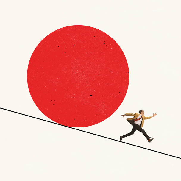 Contemporary art collage. Businessman running from giant ball, business obstacle, trying to escape problems - Foto, Imagen
