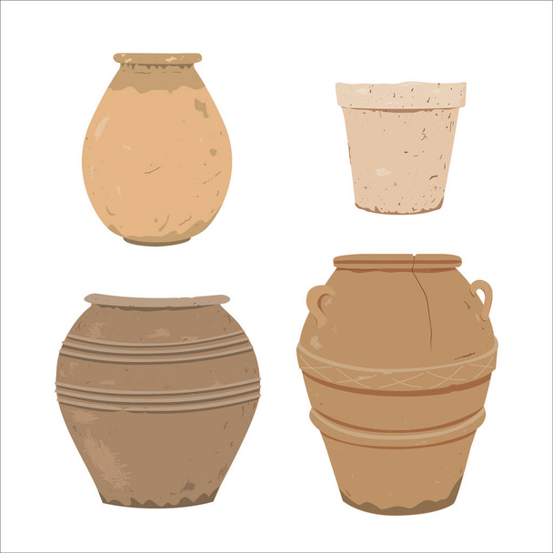 Old clay pot. Antique terracotta pottery, design element for home or patio decor. Vector illustration isolated on white - ベクター画像