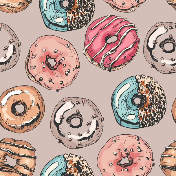231 _ donuts beignets colorés, ensemble d'illustrations, décoration, glaçage, poudre, chocolat, dessins vectoriels lumineux, motif sans couture, rose, brun, - Vecteur, image