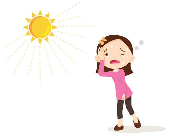 κορίτσι διψασμένη από τη ζέστη του καλοκαιρινού ήλιου.παιδιά κορίτσι αισθάνεται τόσο διψασμένη λόγω του ζεστού καιρού - Διάνυσμα, εικόνα