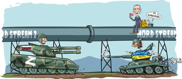 Rusya ile Ukrayna arasındaki savaş çatışmasının temsili karikatürü hicivli bir şekilde. - Vektör, Görsel