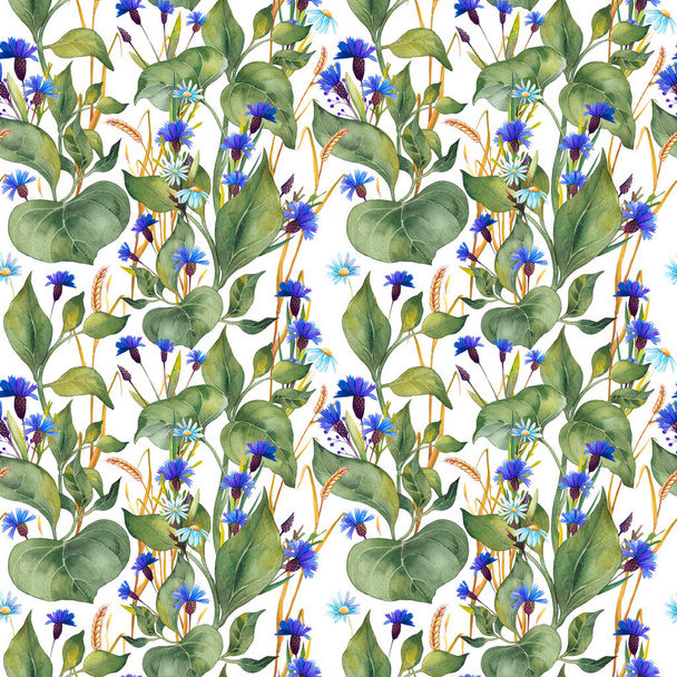 Seamless pattern with blue wildflowers, wheat spickelets and green leaves. - Foto, Imagem