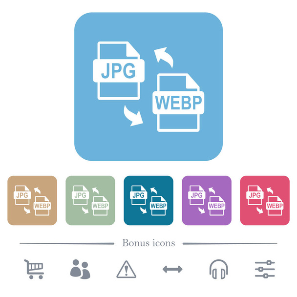 JPG WEBP file conversion white flat icons on color rounded square backgrounds. 6 bonus icons included - Vector, afbeelding