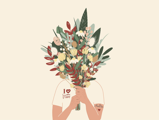 illustration of person in i love you mom t-shirt holding bouquet of flowers - Vector, Image