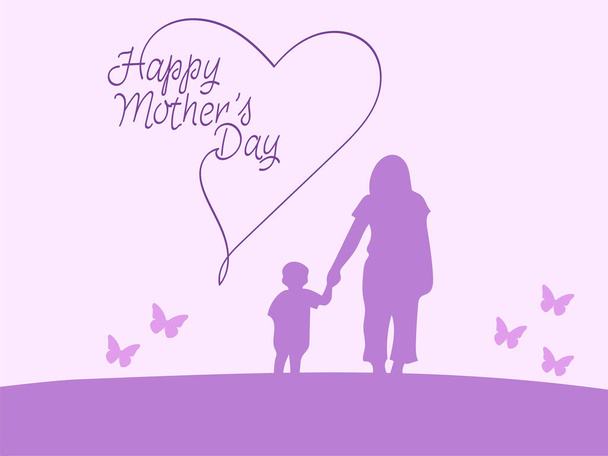 illustration of mother and child holding hands near happy mothers day lettering on purple - Vector, Image