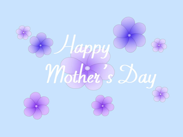 illustration of happy mothers day lettering near purple flowers on blue - Вектор,изображение