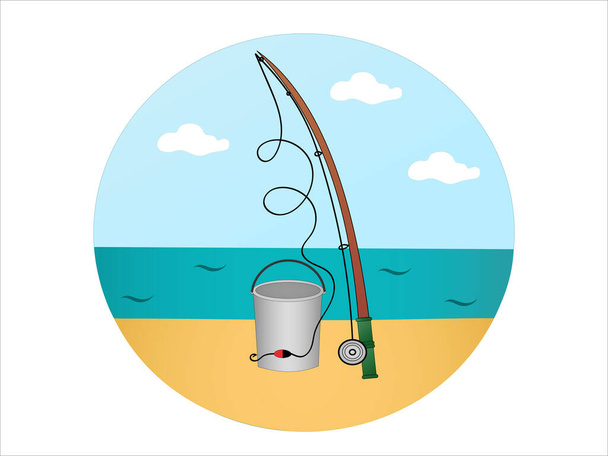 illustration of fishing rod near bucket and blue river  - Vector, Image
