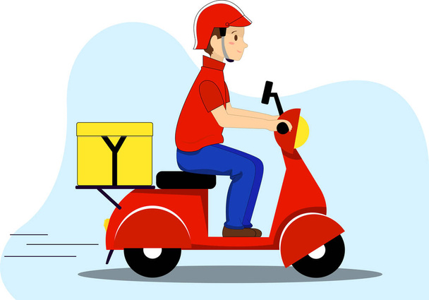 illustration of deliveryman riding on scooter with box  - Vector, Image