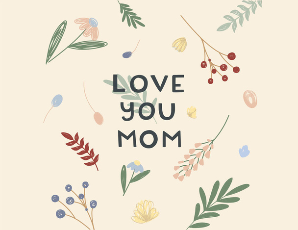 illustration of love you mom lettering on colorful floral background - Vector, Image
