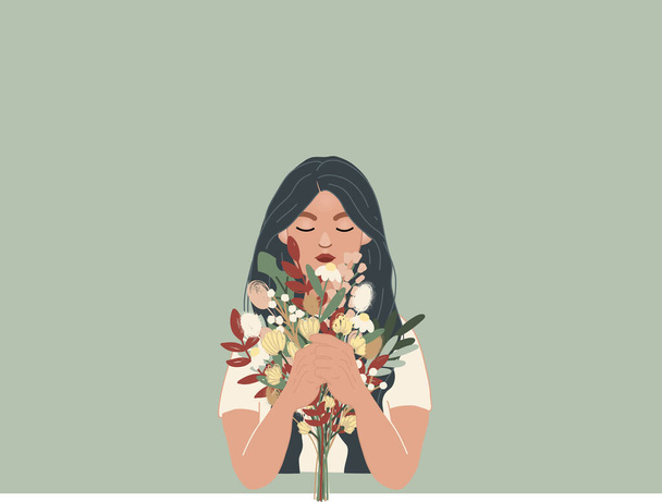 Illustration der Frau mit Blumenstrauß auf grauem Hintergrund  - Vektor, Bild