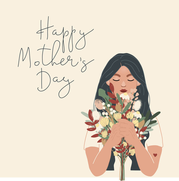illustration of woman holding bouquet of flowers near happy mothers day lettering on beige - Vector, Image