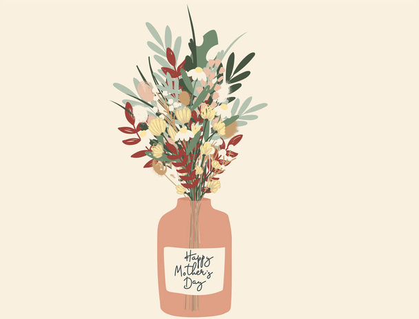 illustration of bouquet with flowers in vase near happy mothers day lettering on beige - Vector, Image