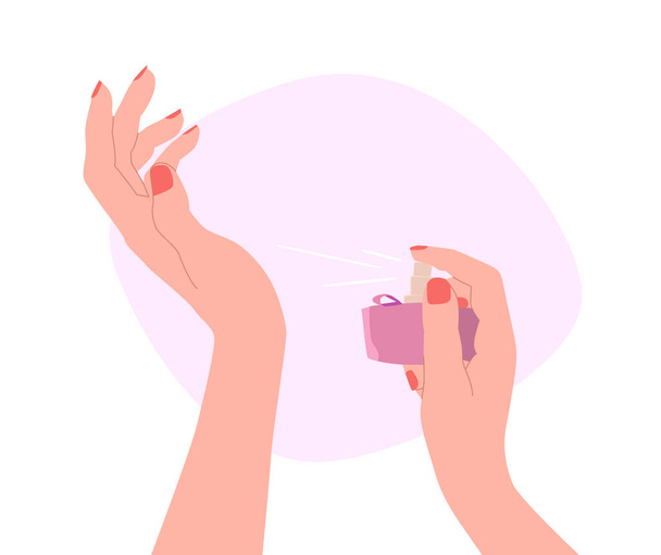 Woman hands showing perfume. Vector Illustration in cartoon flat style. - Vetor, Imagem