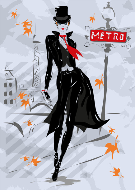 La mujer a la moda va por la calle, el otoño
 - Vector, imagen