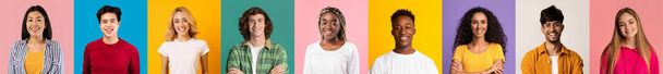 Joyful Portraits Of Cheerful Multiethnic People With Smiling Faces Over Colorful Backdrops - Foto, Imagen
