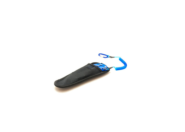 Aluminum alloy fish pliers with black carry sheath and coiled lanyard retainer isolated on white background. Fishing gears and accessories with clipping path and copy space. - 写真・画像