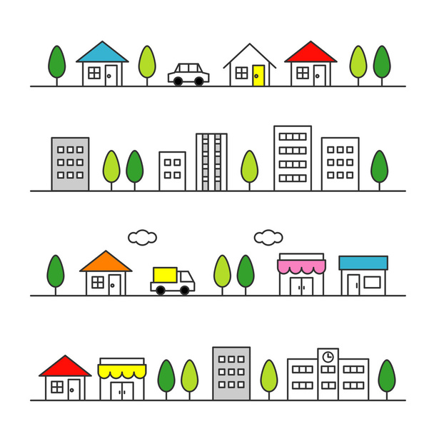 Stores and houses on a street - Vector, Image