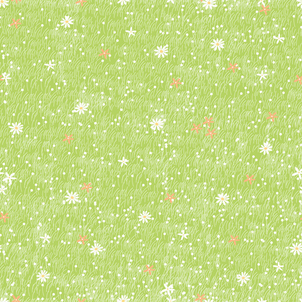 Seamless Primavera grama verde no verão, Vector ilustração pano de fundo padrão natureza gramado campo textura, bonito desenho animado infinito pequena flor selvagem e prado em spring.Repeat fundo superfície natural - Vetor, Imagem
