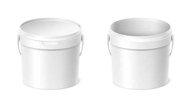 3D realistická ikona vektoru nastavena. Plastový kbelík na bílou barvu s víčkem, otevřený a uzavřený. - Vektor, obrázek
