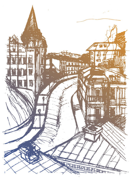 Vector trace of hand drawn sketch of architecture urban skyline, an ancient buildings on the old street in Kyiv, Ukraine. Blue gold doodle drawing on a white background  - Vector, Imagen
