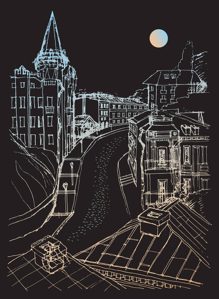 Vector trace of hand drawn sketch of architecture urban skyline, ancient buildings on the old street in Kyiv, Ukraine. Blue gold doodle moonlight drawing on a black background  - Vecteur, image