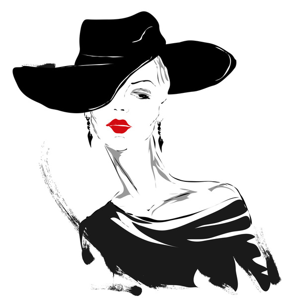 Modern lány, vázlat, piros ajkak, fehér háttér, divatos frizura - Vektor, kép
