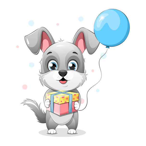 Cheerful gray puppy with a gift box and a balloon - Vector, Image