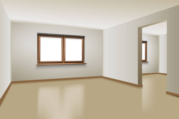3D realistischer Vektor Hintergrund. Leere Wohnung mit Fenstern und Holzboden. Zwei leere Räume. Innenarchitektur. - Vektor, Bild