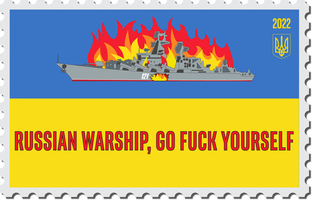 War in Ukraine sign. Postage stamp with a burning warship. Russian warship go fuck yourself. - Вектор,изображение