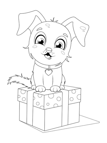 Coloring page. A cute and cheerful puppy sits on a gift box - Vector, Image