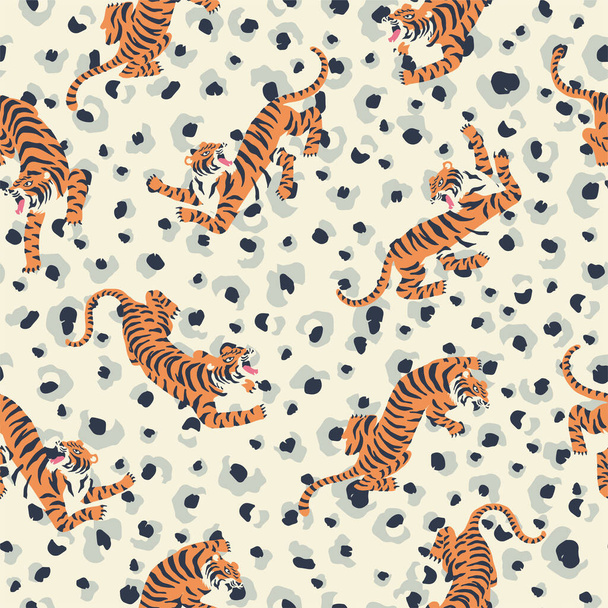 Vector tijger illustratie met luipaard achtergrond naadloze herhaling patroon mode en home decor print digitale kunstwerken - Vector, afbeelding
