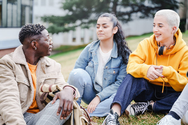Happy college student friends talking having conversation in the University campus grass - Foto, Imagem