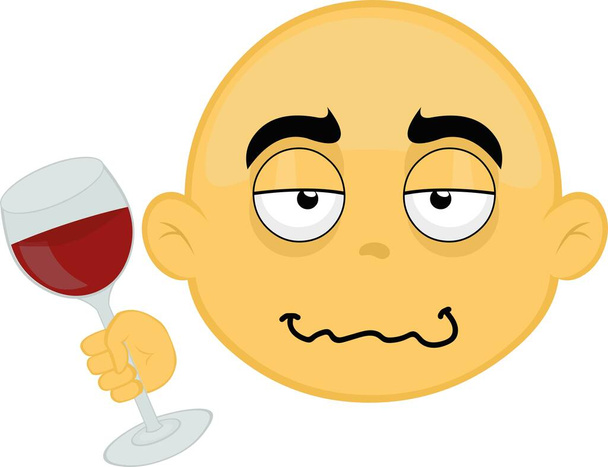 Vektorová ilustrace obličeje žlutého kresleného postavičky, plešatého, s opilým výrazem a sklenicí vína v ruce - Vektor, obrázek