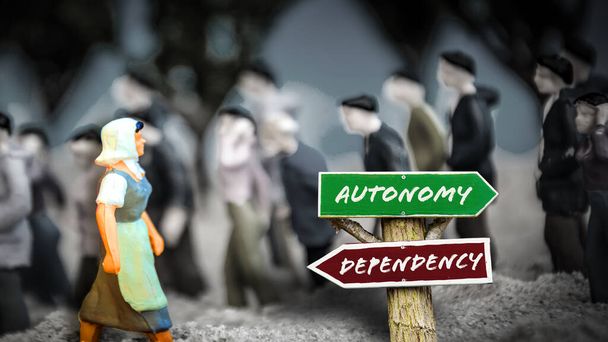 Calle Señale el Camino de la Dirección a la Autonomía versus la Dependencia
 - Foto, imagen