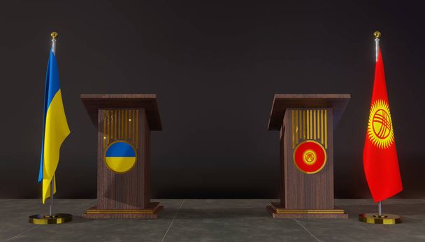 Ukraine and Kyrgyzstan flags. Ukraine and Kyrgyzstan flag. Ukraine and Kyrgyzstan negotiations. Rostrum for speech. 3D work and 3D image - Foto, Imagen